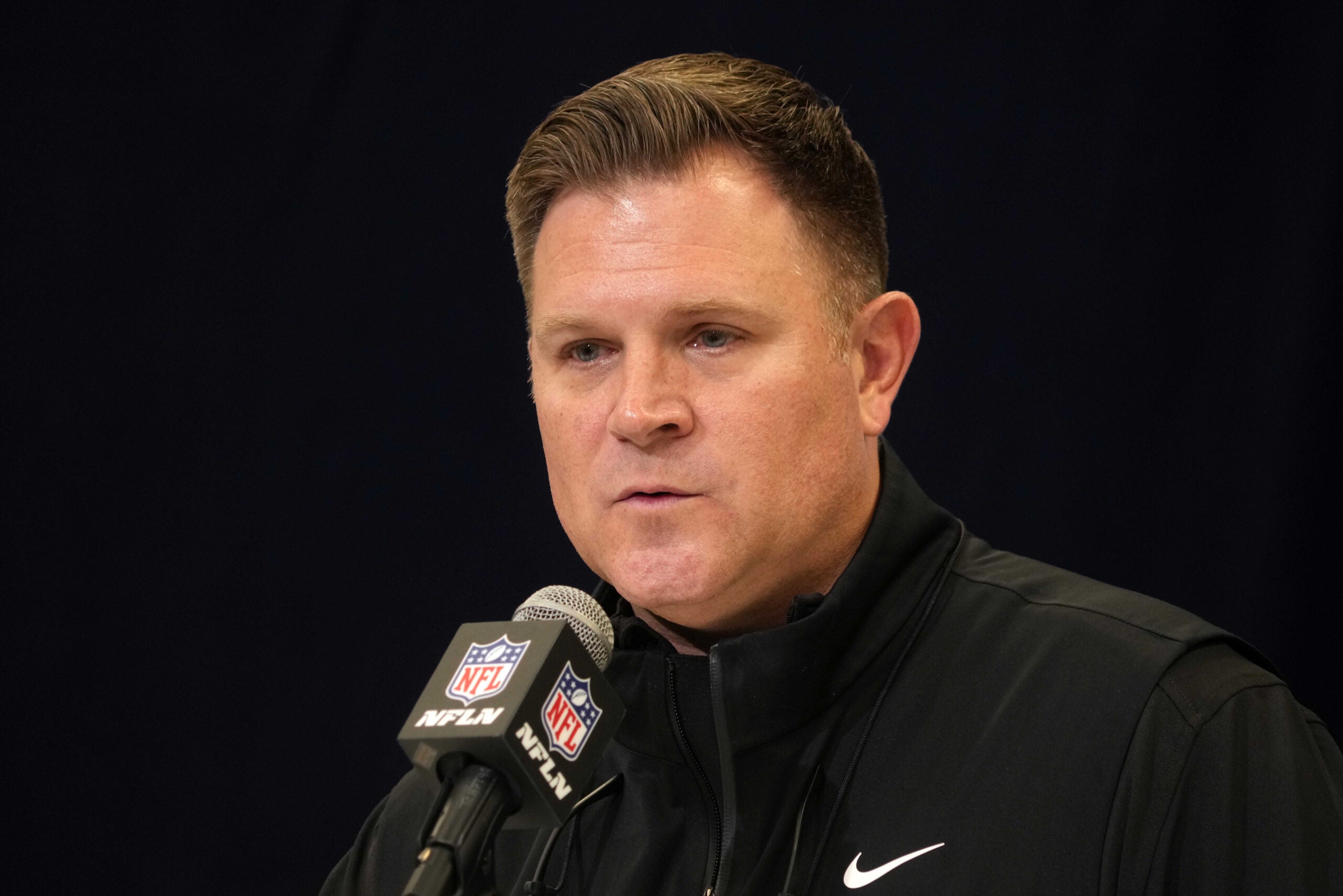 Feb 25, 2025; Indianapolis, IN, USA; Green Bay Packers general manager Brian Gutekunst speaks during the NFL Scouting Combine at the Indiana Convention Center.