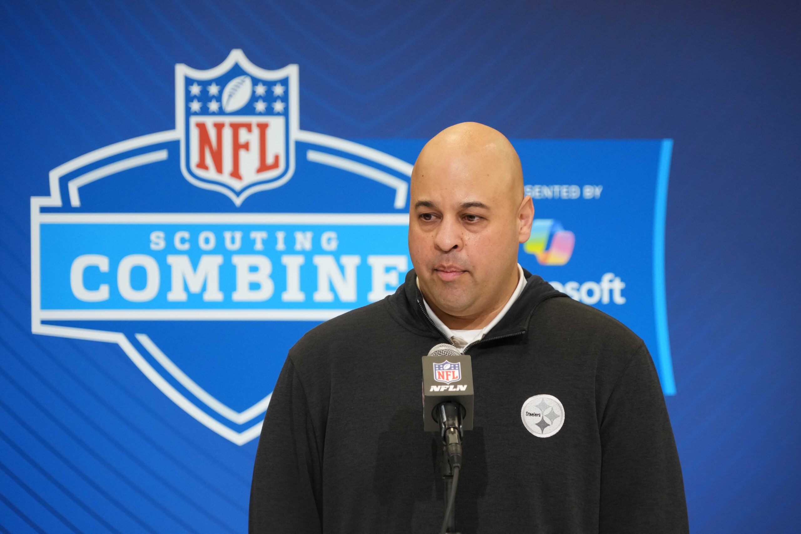 Feb 25, 2025; Indianapolis, IN, USA; Pittsburgh Steelers general manager Omar Khan speaks during the NFL Scouting Combine at the Indiana Convention Center.
