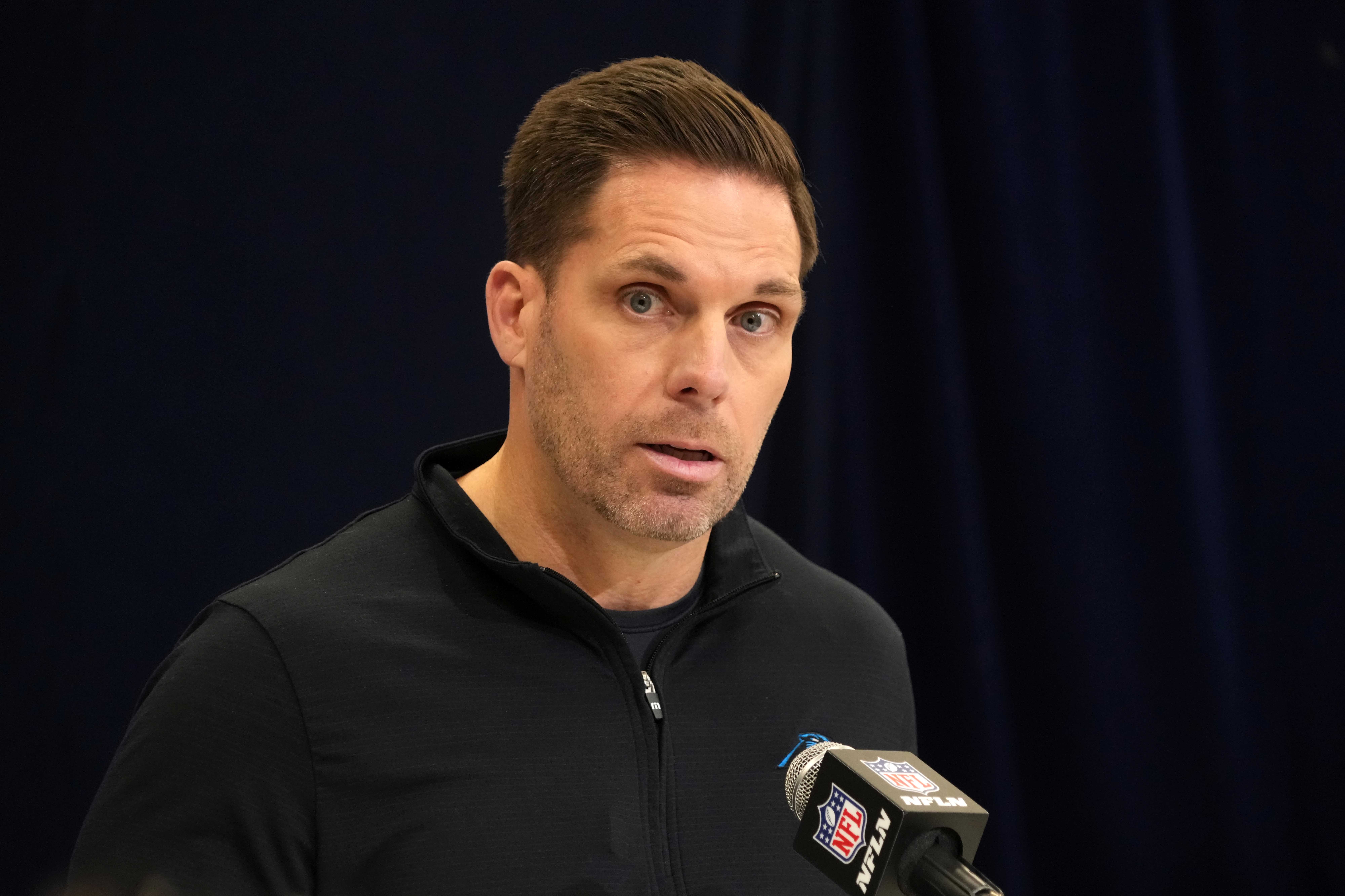 Feb 25, 2025; Indianapolis, IN, USA; Carolina Panthers general manager Dan Morgan speaks during the NFL Scouting Combine at the Indiana Convention Center.
