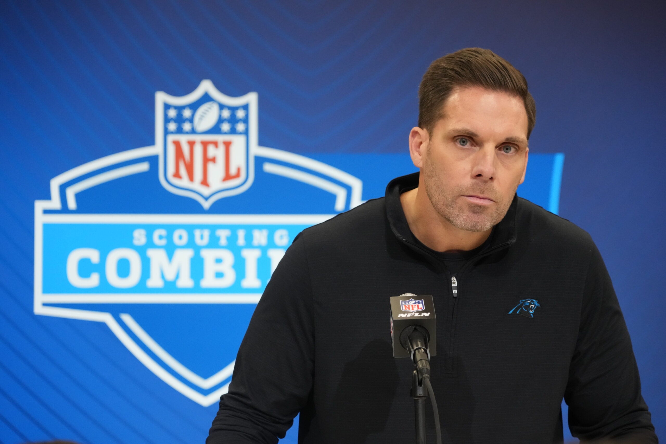 Feb 25, 2025; Indianapolis, IN, USA; Carolina Panthers general manager Dan Morgan speaks during the NFL Scouting Combine at the Indiana Convention Center.