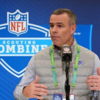 Feb 25, 2025; Indianapolis, IN, USA; Buffalo Bills general manager Brandon Beane speaks during the NFL Scouting Combine at the Indiana Convention Center.