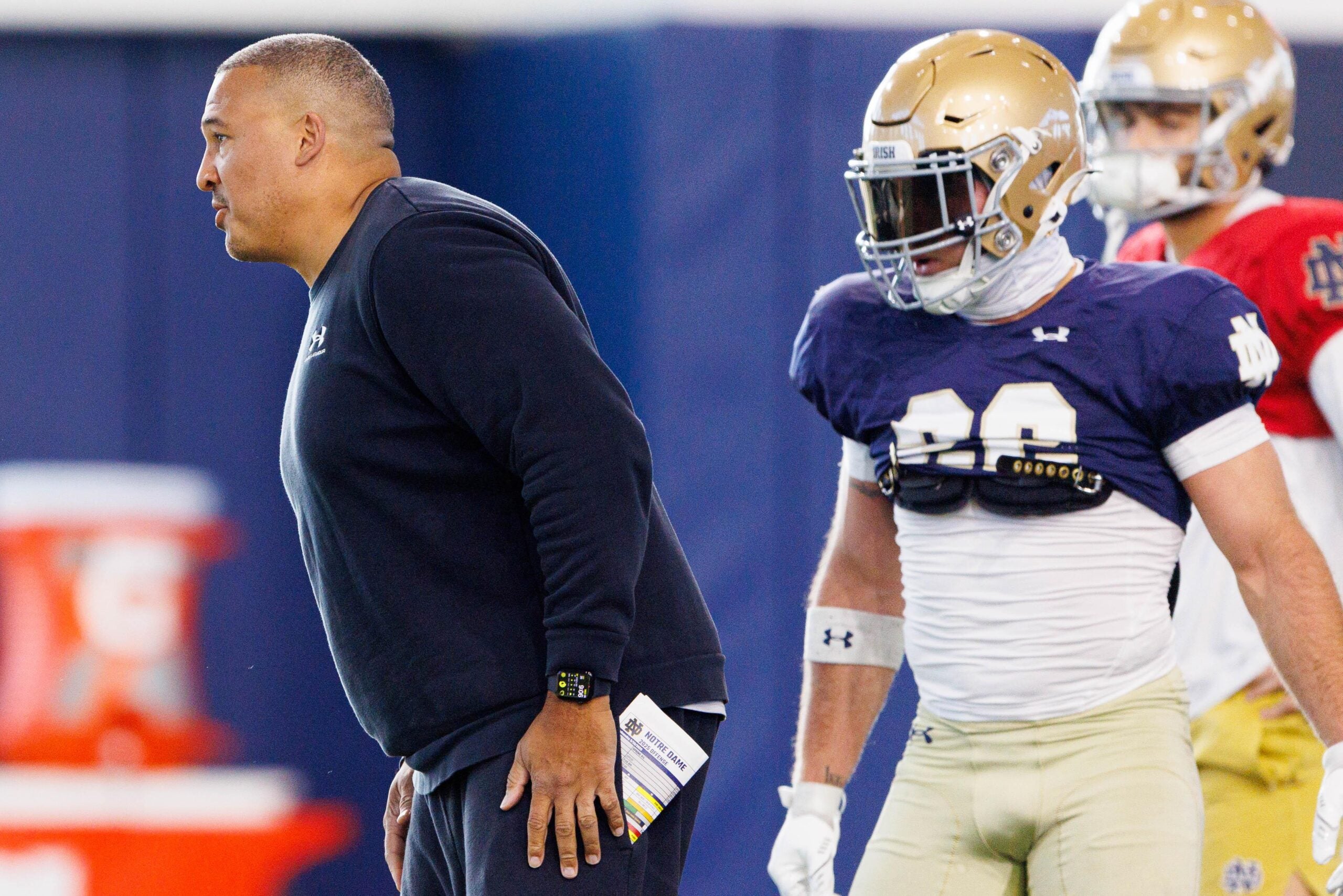 Notre Dame running backs coach Ja'Juan Seider, left, during a Notre Dame football spring practice at Irish Athletic Center on Wednesday, March 26, 2025, in South Bend.