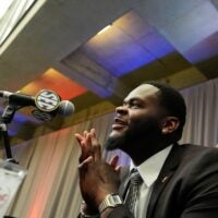 July 16, 2025; Atlanta, GA, USA; Florida defensive lineman Caleb Banks answers questions during SEC Media Days at the College Football Hall of Fame in Atlanta.
