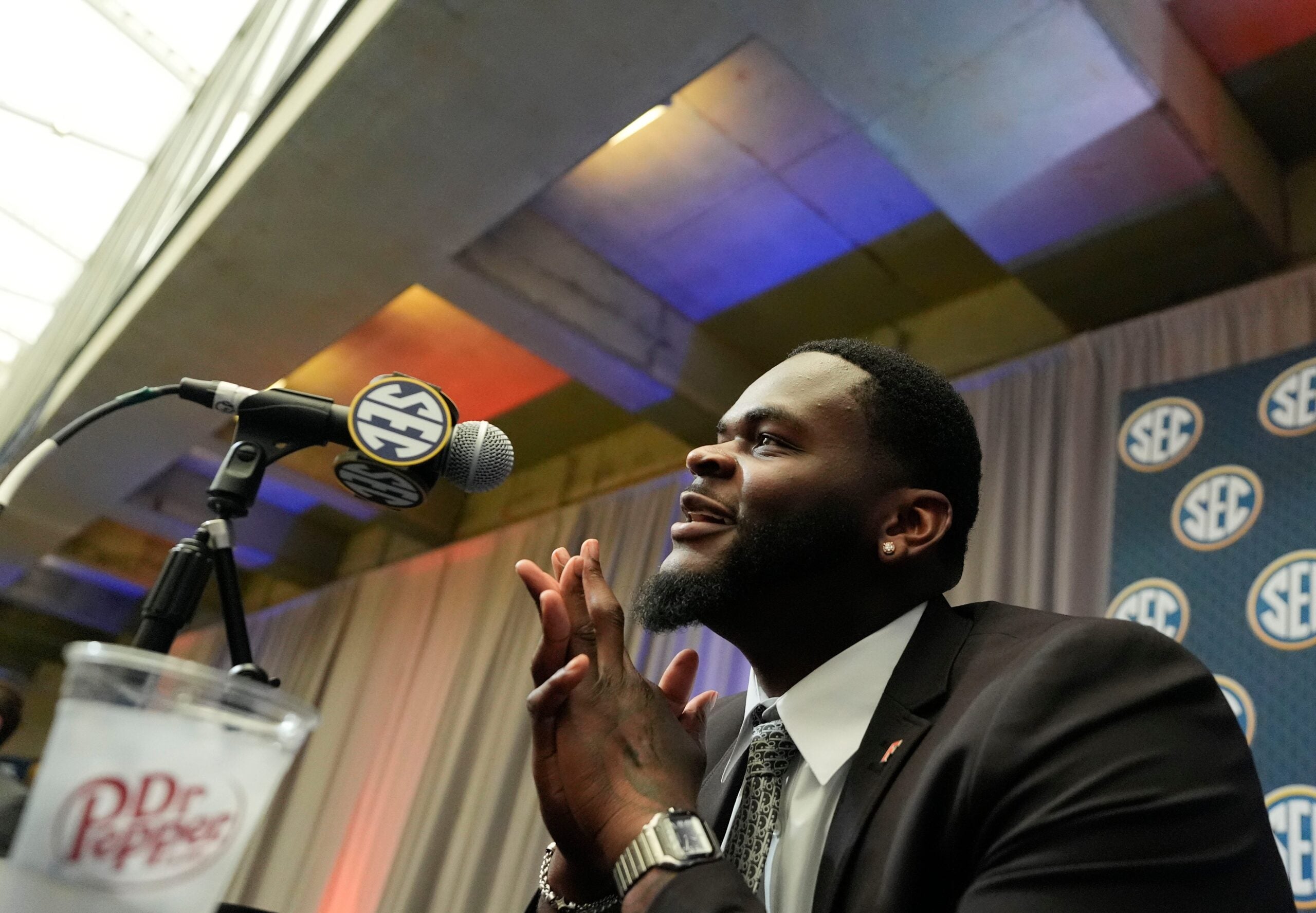 July 16, 2025; Atlanta, GA, USA; Florida defensive lineman Caleb Banks answers questions during SEC Media Days at the College Football Hall of Fame in Atlanta.