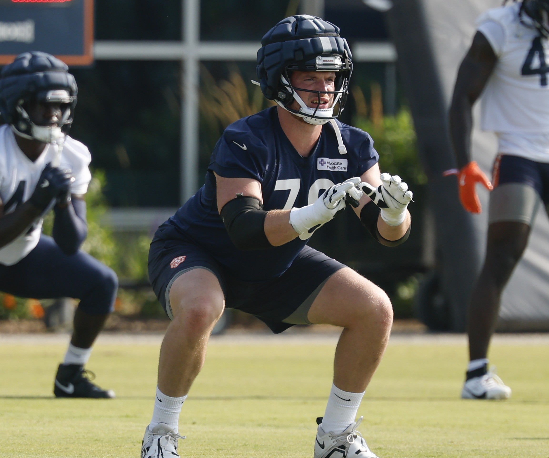 Jul 23, 2025; Lake Forest, IL, USA; Chicago Bears guard Theo Benedet (79) stretches during training camp at Halas Hall.