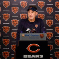 Jul 23, 2025; Lake Forest, IL, USA; Chicago Bears defensive coordinator Dennis Allen speaks during training camp at Halas Hall.