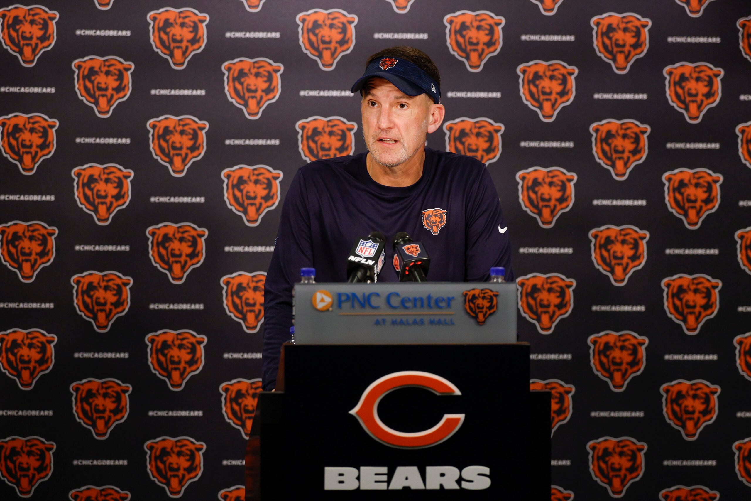 Jul 23, 2025; Lake Forest, IL, USA; Chicago Bears defensive coordinator Dennis Allen speaks during training camp at Halas Hall.