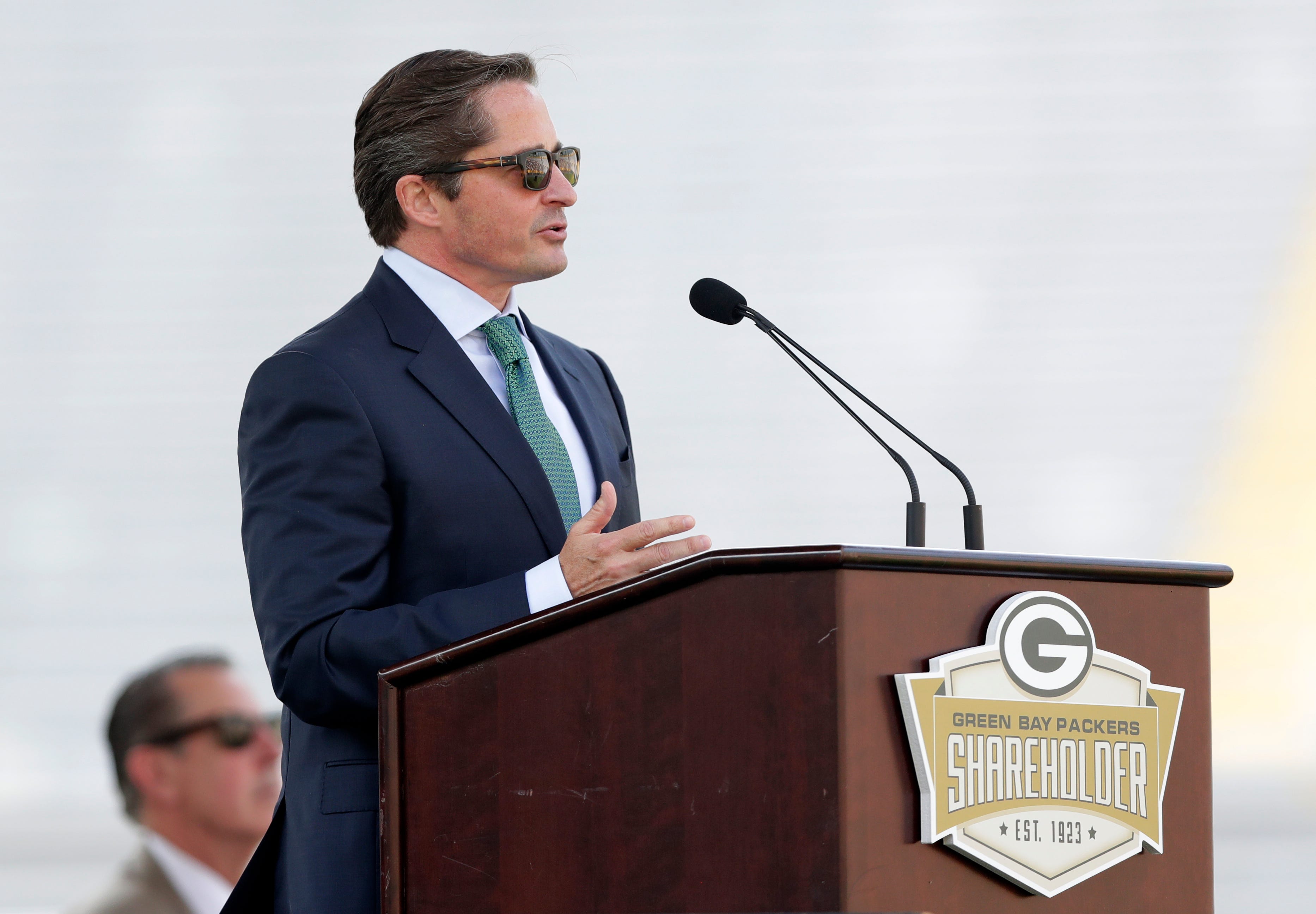 Green Bay Packers president and CEO Ed Policy speaks during the Green Bay Packers annual shareholders meeting on July 25, 2025, at Lambeau Field in Green Bay, Wis.