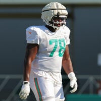 Jul 29, 2025; Miami Gardens, FL, USA; Miami Dolphins guard James Daniels (78) works on the field during training camp at Baptist Health Training Complex.