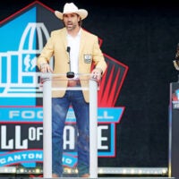 Aug 2, 2025; Canton, OH, USA; Pro Football Hall of Fame-Class of 2025 enshrinee Jared Allen gives his acceptance speech at Tom Benson Hall of Fame Stadium.