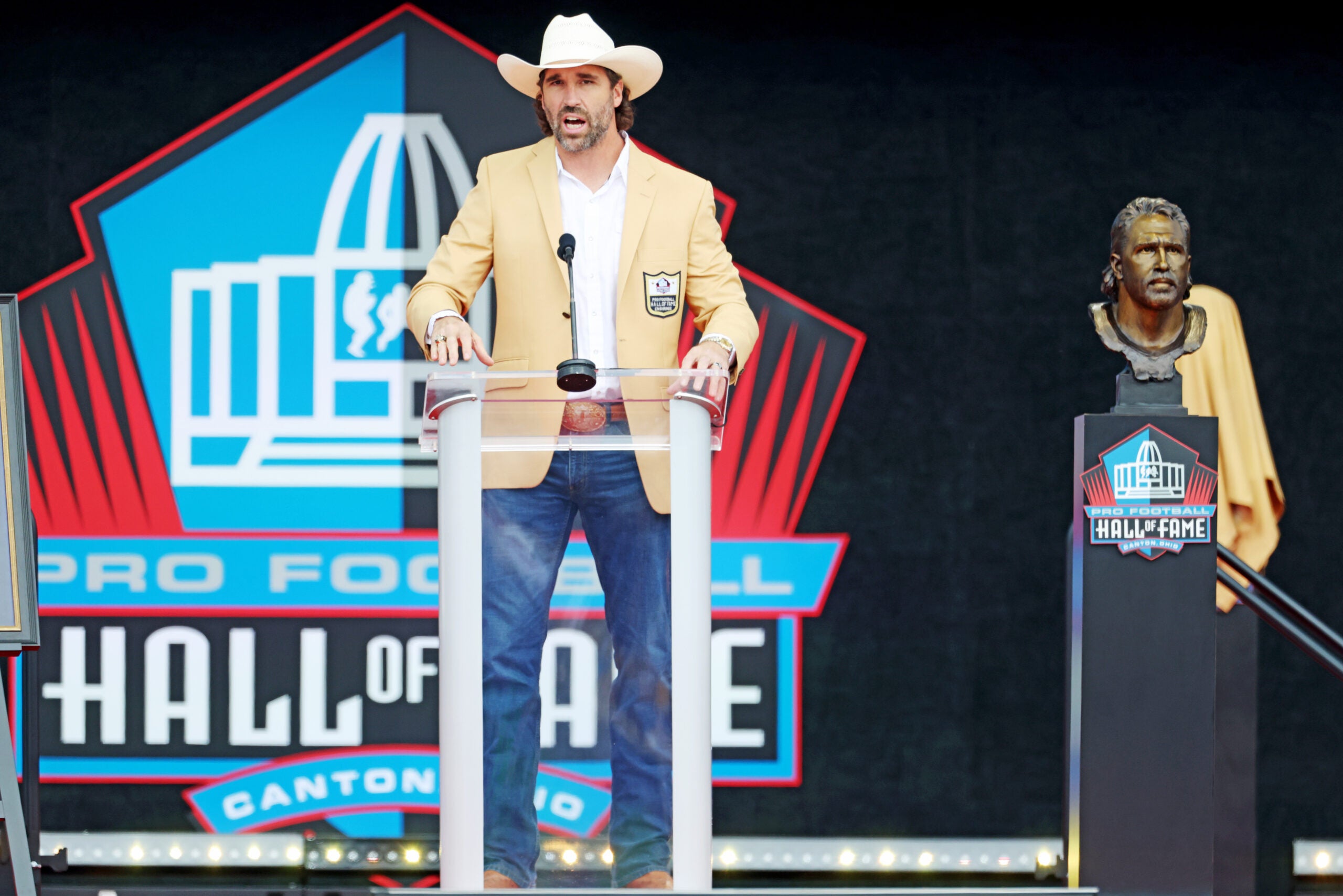 Aug 2, 2025; Canton, OH, USA; Pro Football Hall of Fame-Class of 2025 enshrinee Jared Allen gives his acceptance speech at Tom Benson Hall of Fame Stadium.