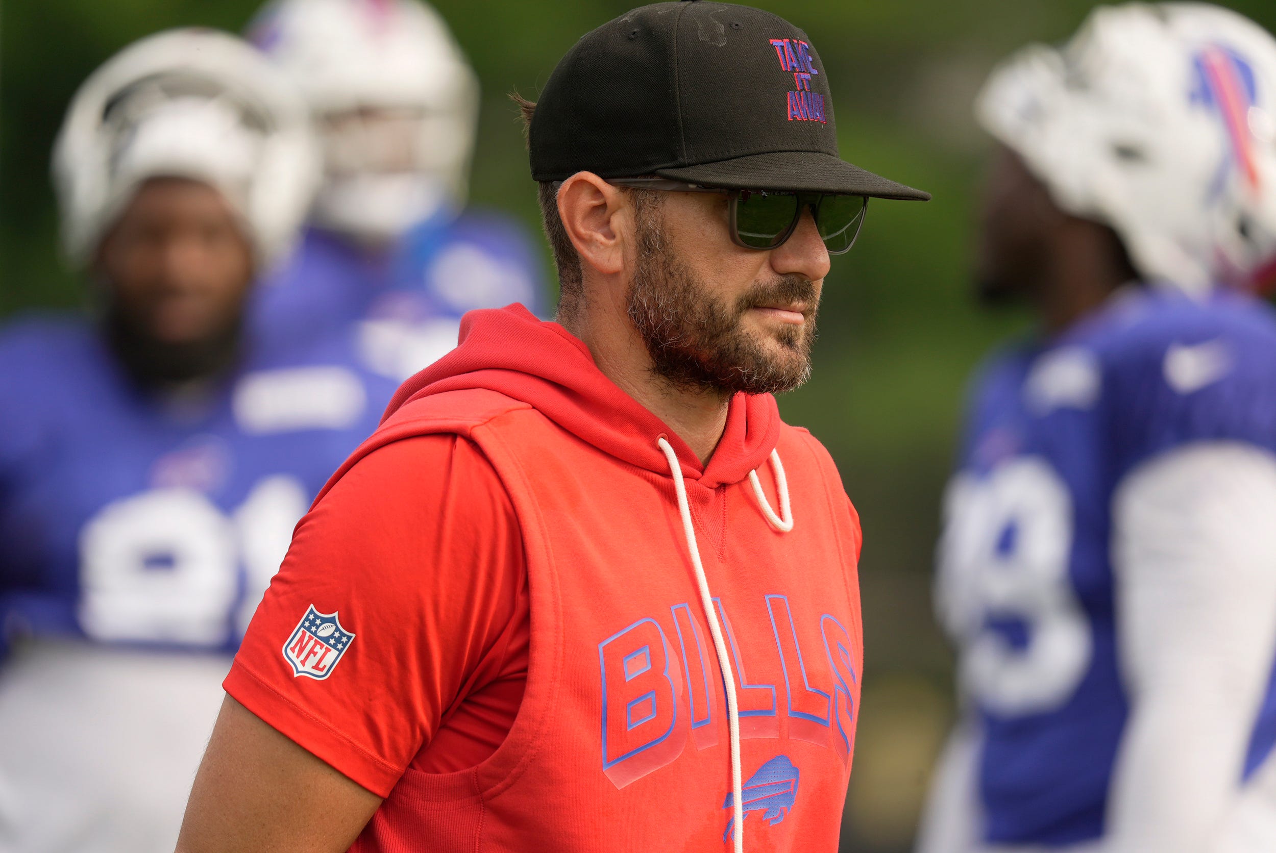 Buffalo Bills defensive coordinator Bobby Babich watches as the some of then defensive players finish a drill during Bills Training Camp at St. John Fisher University in Pittsford on Aug.6, 2025.