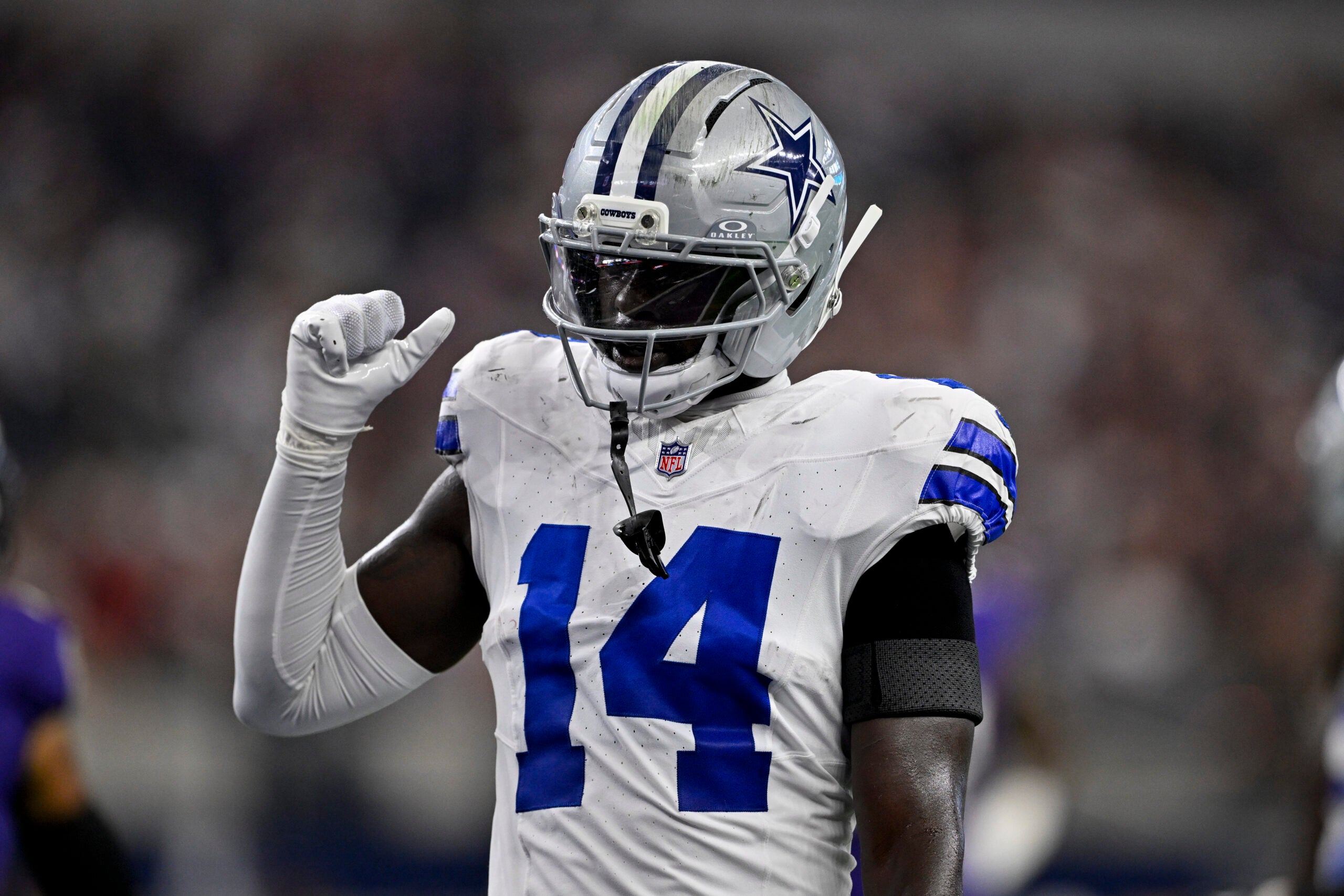 Aug 16, 2025; Arlington, Texas, USA; Dallas Cowboys safety Markquese Bell (14) during the game between the Dallas Cowboys and the Baltimore Ravens at AT&T Stadium.