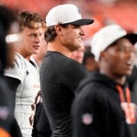 Cincinnati Bengals defensive end Trey Hendrickson (91) smiles on the sideline in the fourth quarter of the NFL Preseason Week 2 game between the Washington Commanders and the Cincinnati Bengals at Northwest Stadium in Landover, Md., on Monday, Aug. 18, 2025. The Bengals won the game, 31-17.