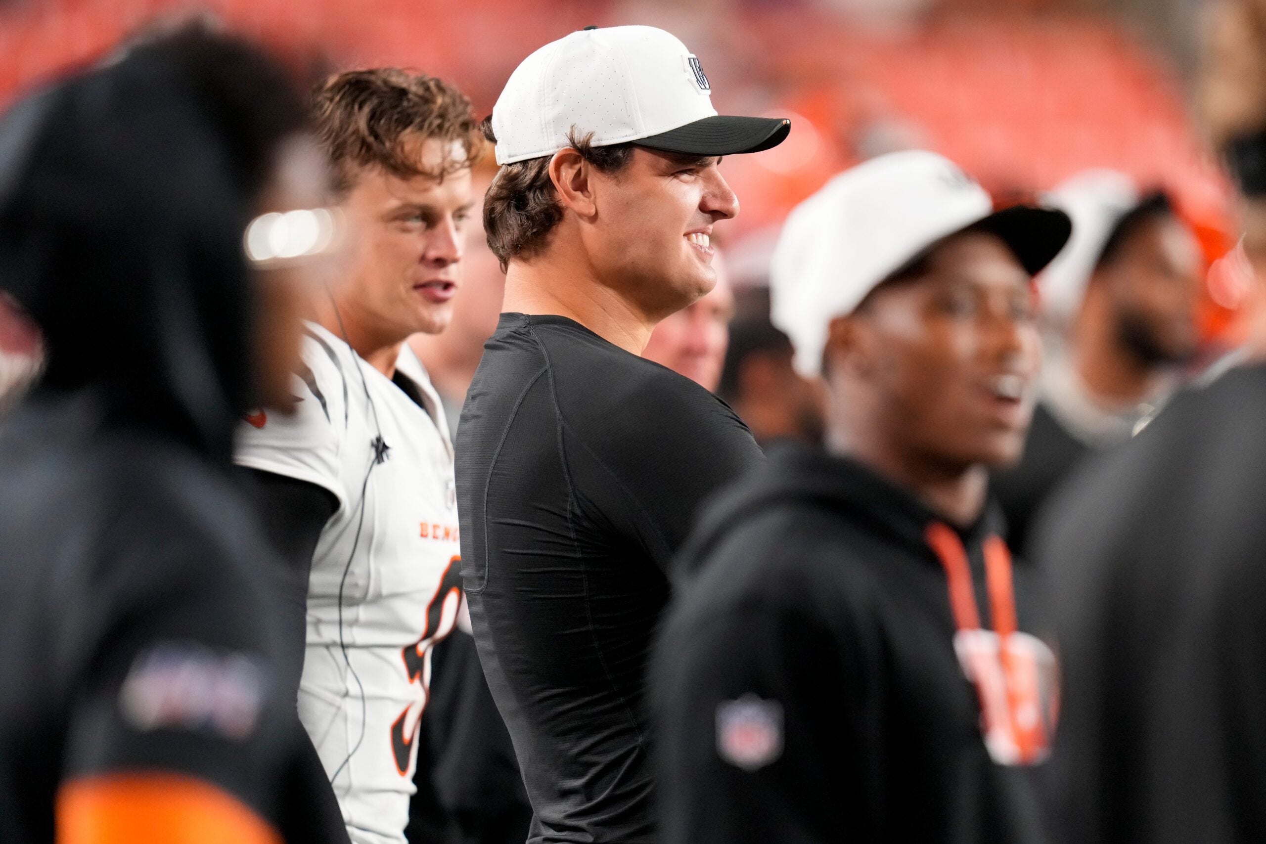 Cincinnati Bengals defensive end Trey Hendrickson (91) smiles on the sideline in the fourth quarter of the NFL Preseason Week 2 game between the Washington Commanders and the Cincinnati Bengals at Northwest Stadium in Landover, Md., on Monday, Aug. 18, 2025. The Bengals won the game, 31-17.