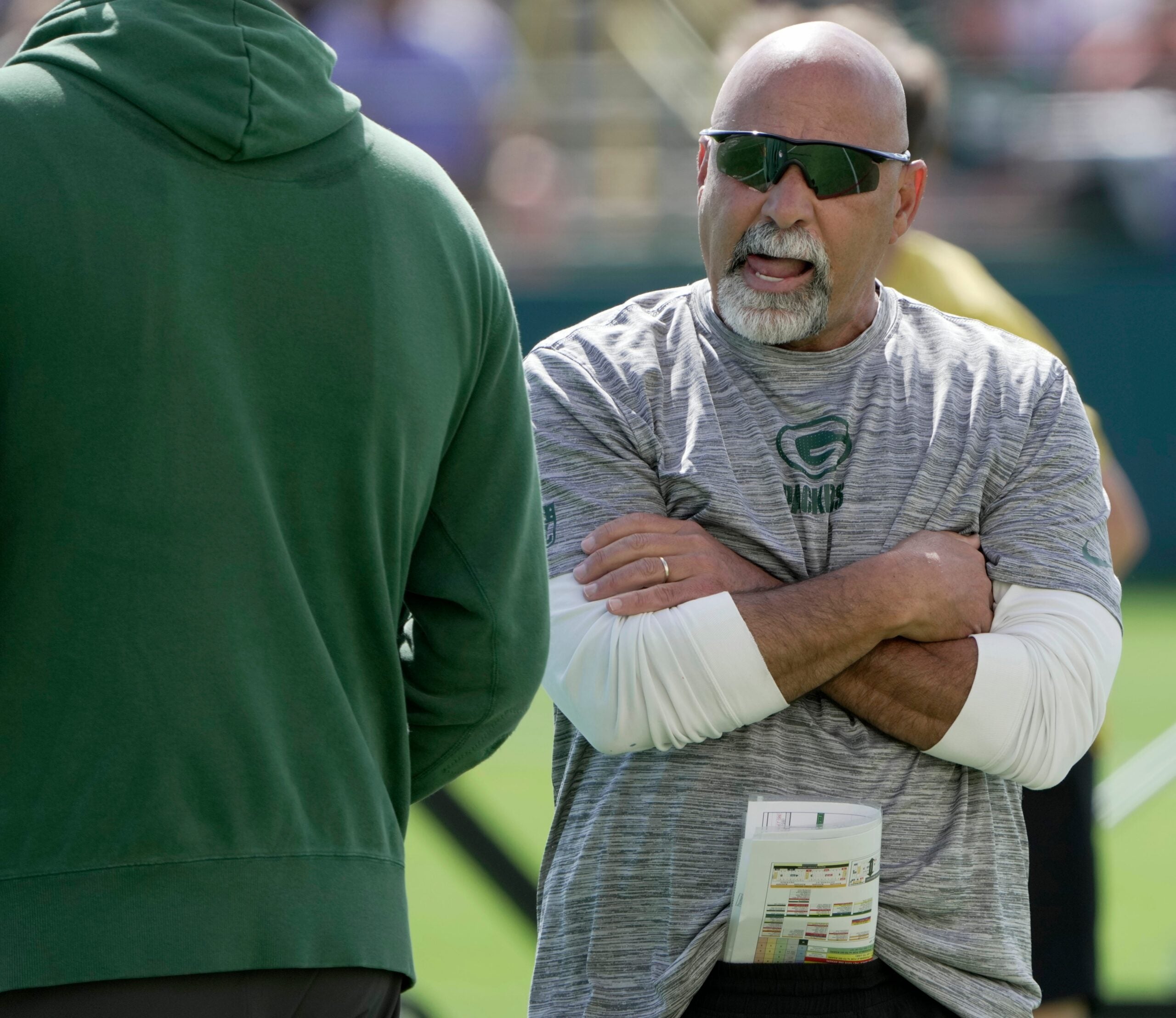 Green Bay Packers assistant head coach/special teams coordinator Rich Bisaccia is shown during a joint practice with the Seattle Seahawks Thursday, August 21, 2025 in Green Bay, Wisconsin.