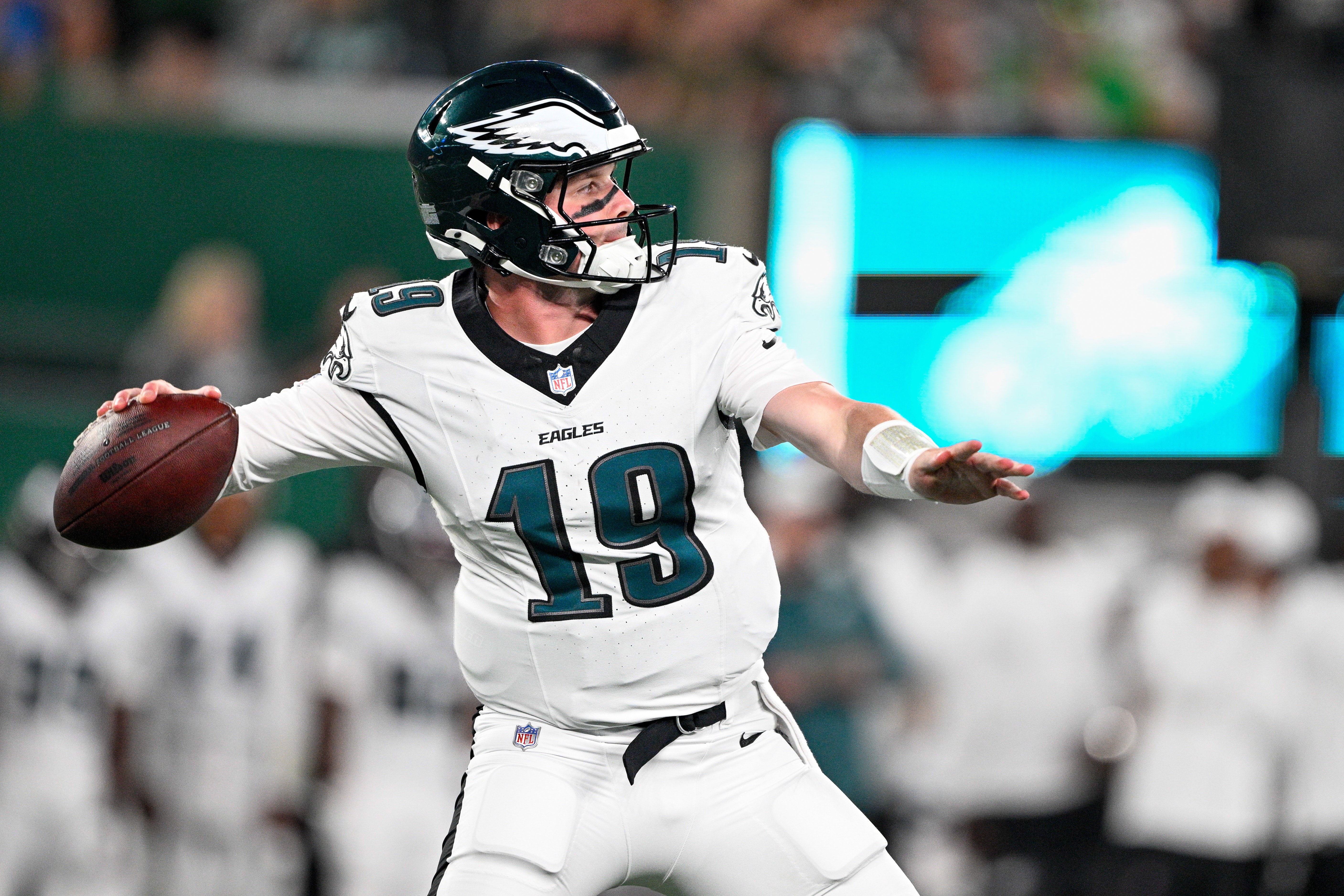 Aug 22, 2025; East Rutherford, New Jersey, USA; Philadelphia Eagles quarterback Kyle McCord (19) looks to pass the ball during the first quarter against the New York Jets at MetLife Stadium.