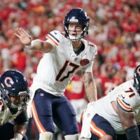 Aug 22, 2025; Kansas City, Missouri, USA; Chicago Bears quarterback Tyson Bagent (17) gestures at the line of scrimmage against the Kansas City Chiefs during the second half of the game at GEHA Field at Arrowhead Stadium.