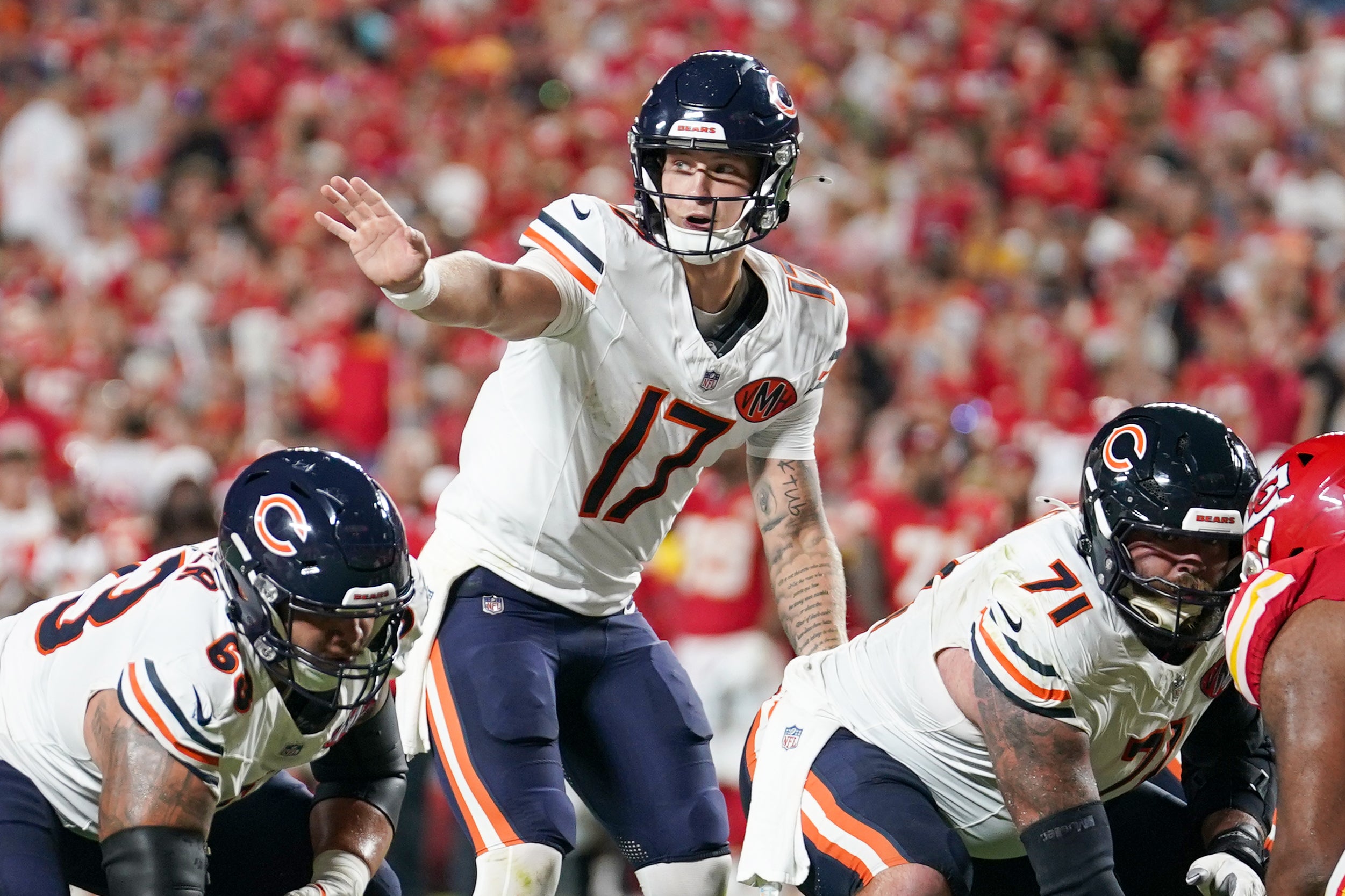Aug 22, 2025; Kansas City, Missouri, USA; Chicago Bears quarterback Tyson Bagent (17) gestures at the line of scrimmage against the Kansas City Chiefs during the second half of the game at GEHA Field at Arrowhead Stadium.