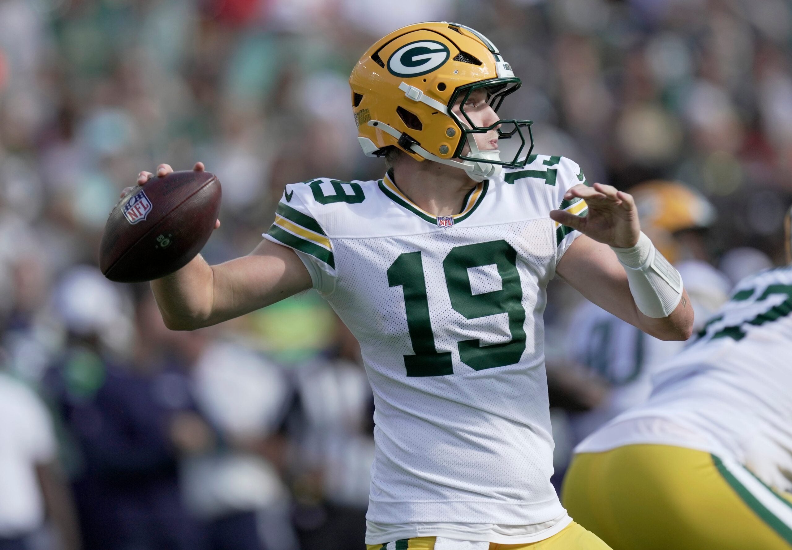 Green Bay Packers quarterback Taylor Elgersma (19) throws a pass during the second quarter of their preseason game against the Seattle Seahawks Saturday, August 23, 2025 at Lambeau Field in Green Bay, Wisconsin.