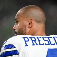 Sep 4, 2025; Philadelphia, Pennsylvania, USA; Dallas Cowboys quarterback Dak Prescott (4) looks on during the fourth quarter of the game against the Philadelphia Eagles at Lincoln Financial Field.