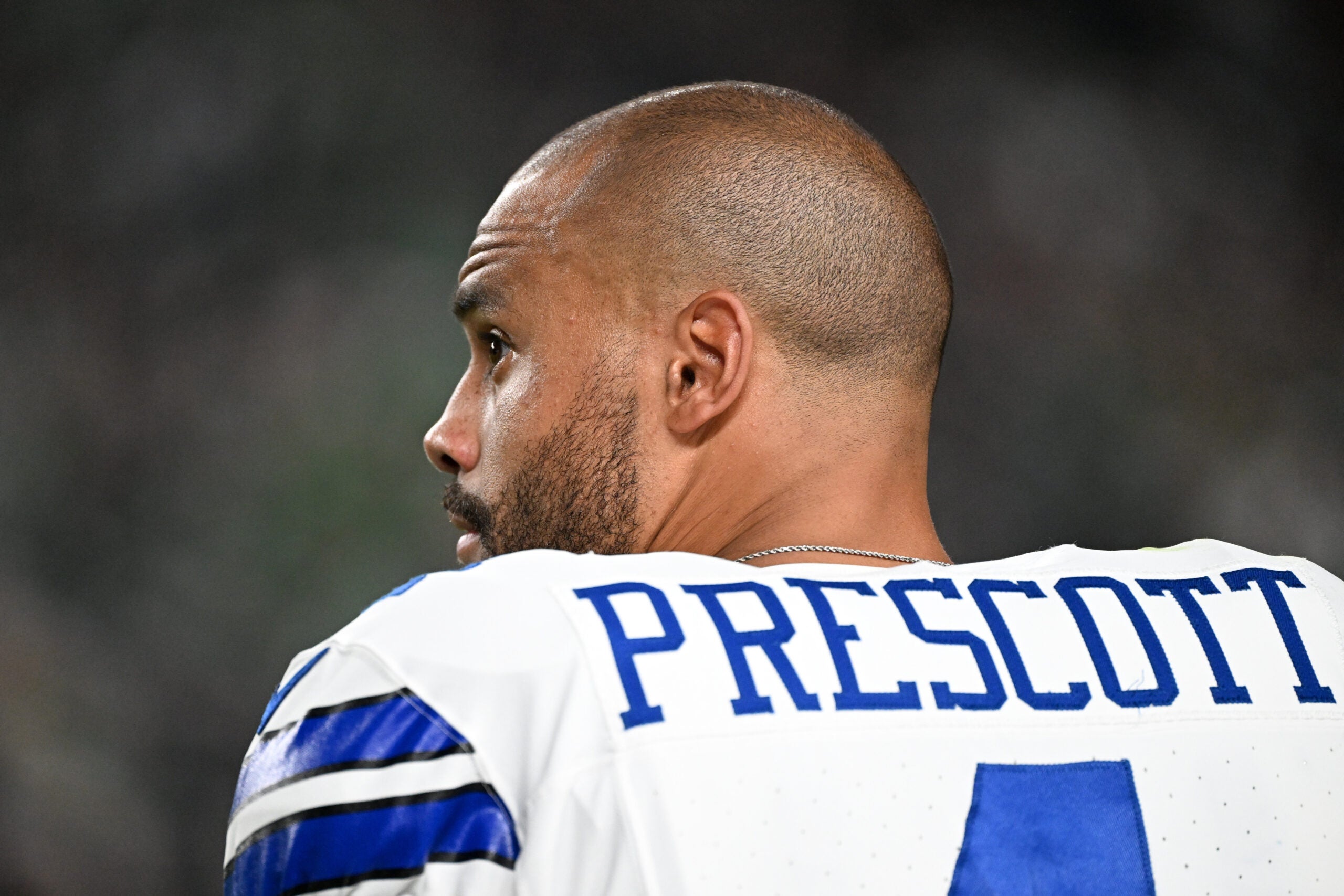 Sep 4, 2025; Philadelphia, Pennsylvania, USA; Dallas Cowboys quarterback Dak Prescott (4) looks on during the fourth quarter of the game against the Philadelphia Eagles at Lincoln Financial Field.