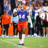 Sep 6, 2025; Gainesville, Florida, USA; Florida Gators defensive end Tyreak Sapp (94) gestures after a tackle against the Florida Gators during the second half at Ben Hill Griffin Stadium.