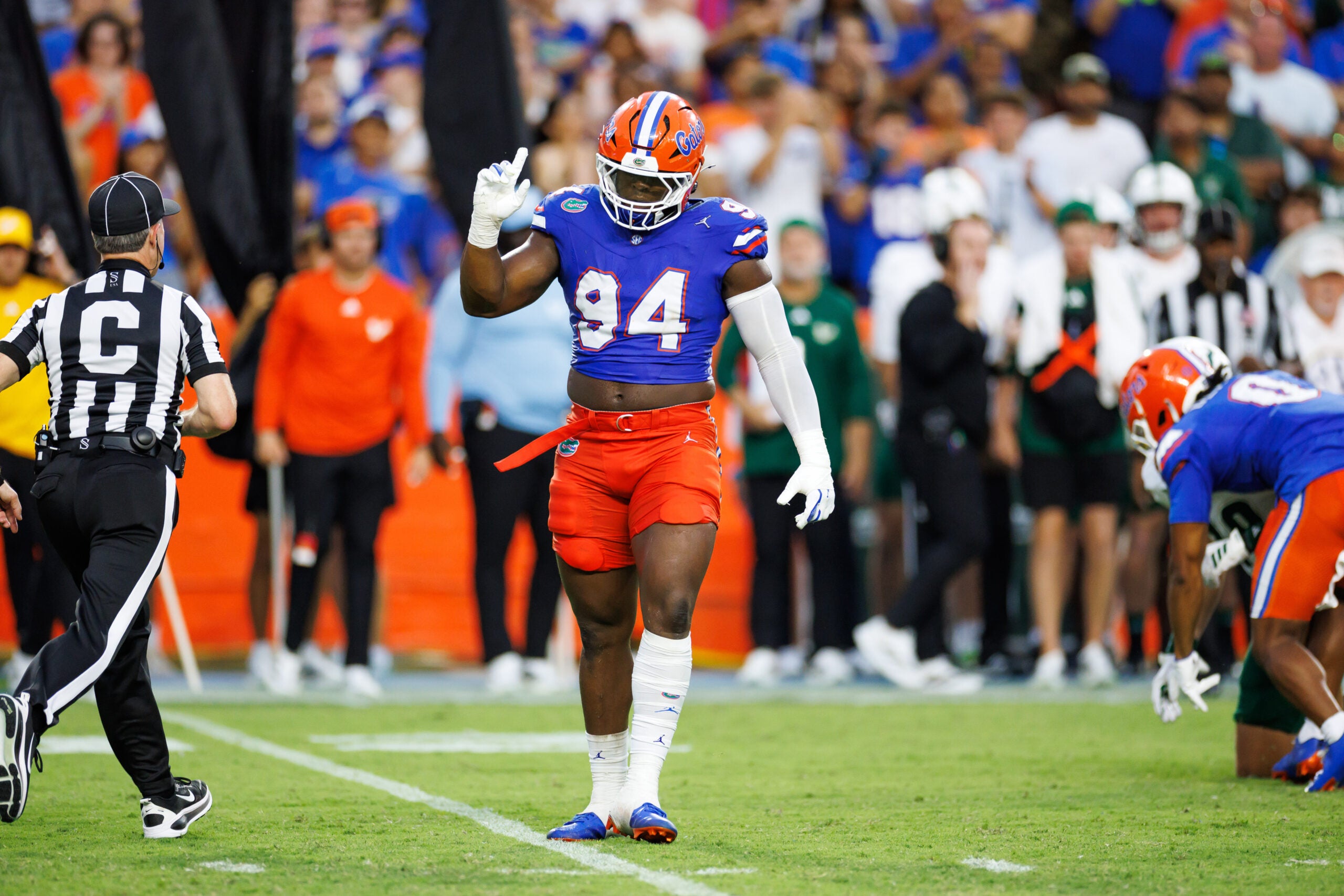 Sep 6, 2025; Gainesville, Florida, USA; Florida Gators defensive end Tyreak Sapp (94) gestures after a tackle against the Florida Gators during the second half at Ben Hill Griffin Stadium.