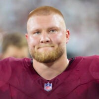 Sep 11, 2025; Green Bay, Wisconsin, USA; Washington Commanders center Tyler Biadasz (63) prior to the game against the Green Bay Packers at Lambeau Field.