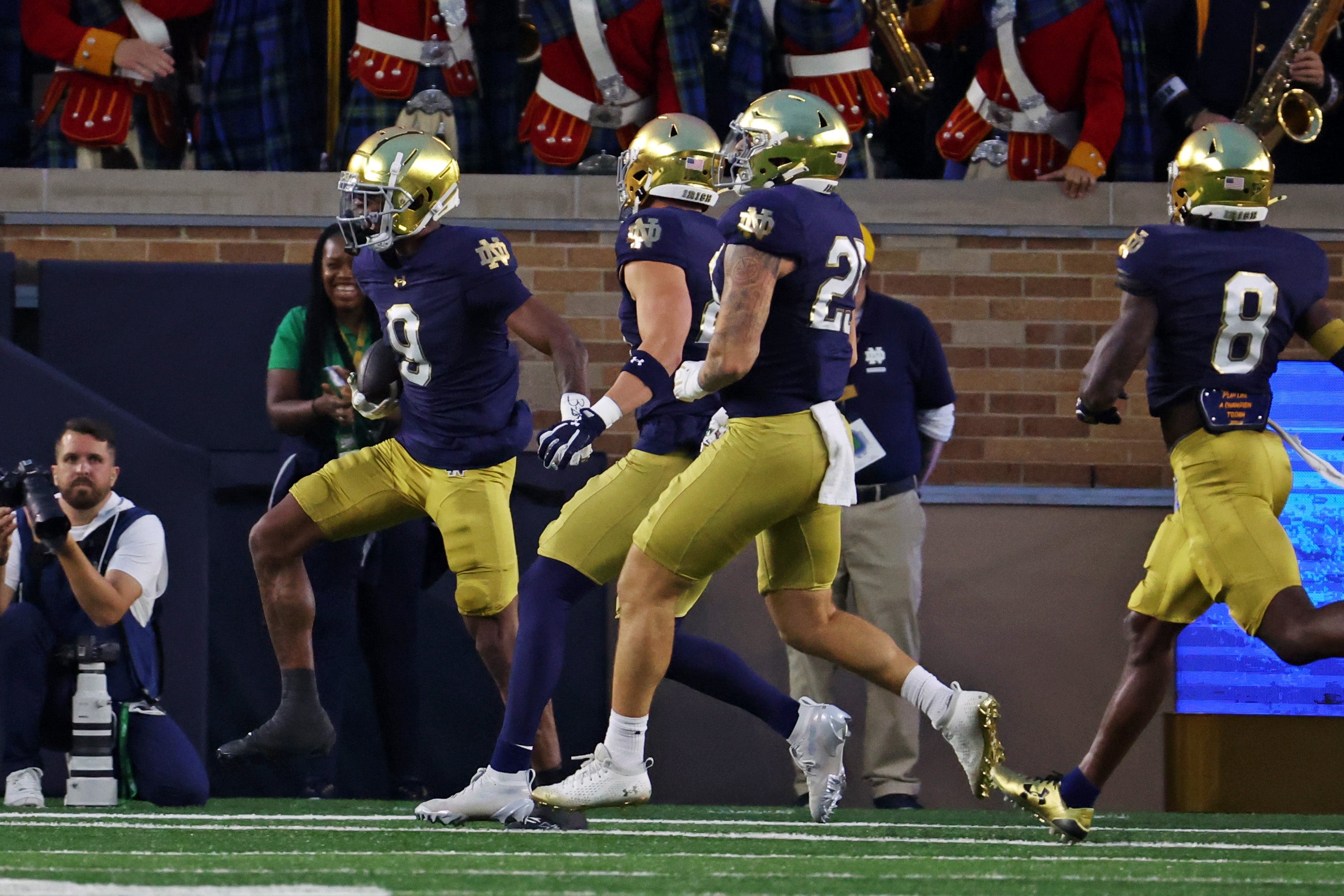 Sep 13, 2025; South Bend, Indiana, USA; Notre Dame Fighting Irish safety Tae Johnson (9) reacts after a play during the first half against the Texas A&M Aggies at Notre Dame Stadium. Mandatory Credit: Trevor Ruszkowski-Imagn Images