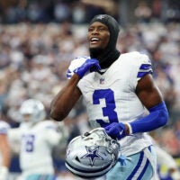 Arlington, Texas, USA; Dallas Cowboys wide receiver George Pickens (3) reacts after a play against the New York Giants during the fourth quarter at AT&T Stadium.
