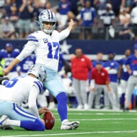 Sep 14, 2025; Arlington, Texas, USA; Dallas Cowboys place kicker Brandon Aubrey (17) kicks the game-winning field goal against the New York Giants during overtime at AT&T Stadium.