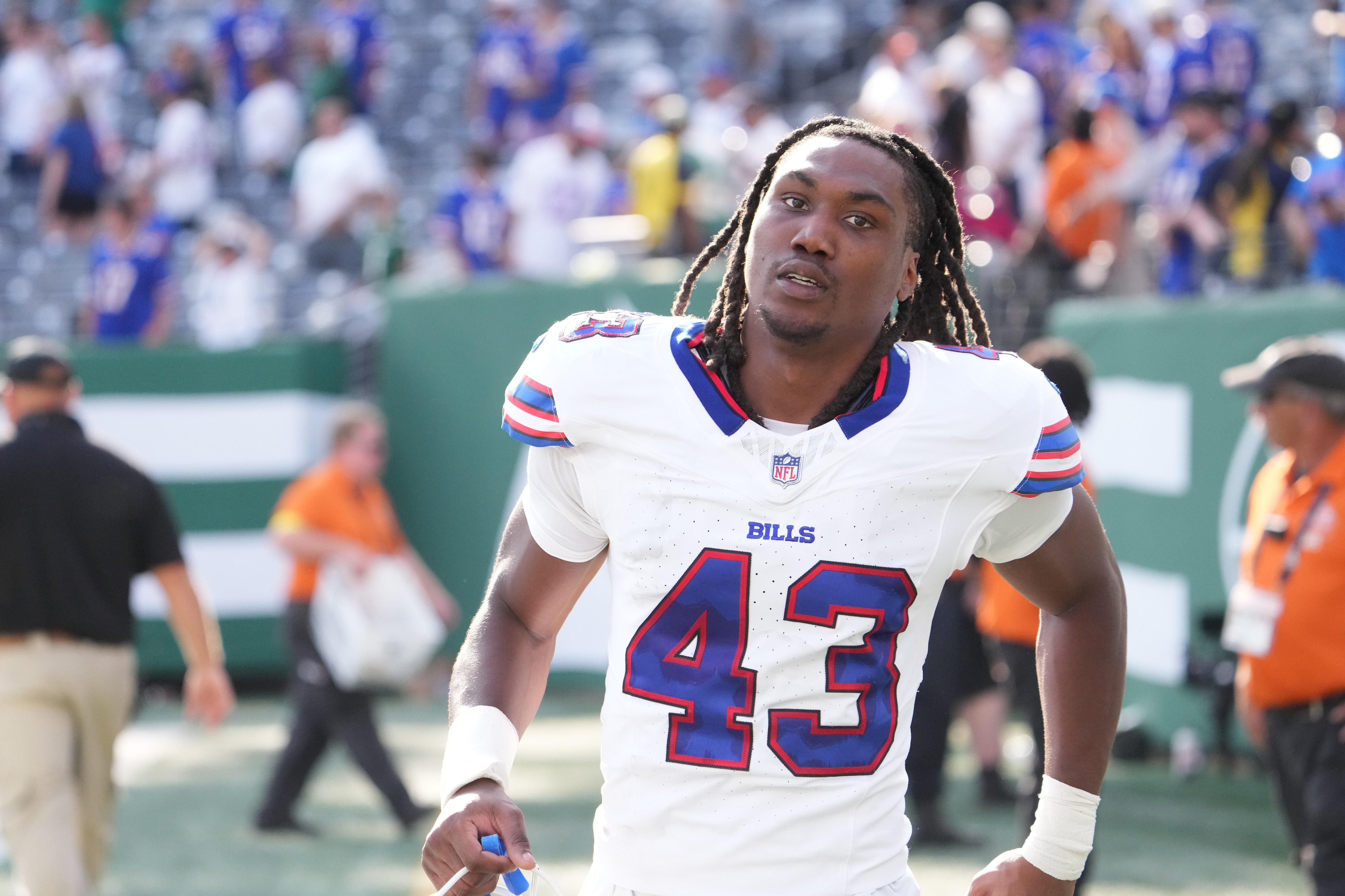 Sep 14, 2025; East Rutherford, New Jersey, USA; Buffalo Bills cornerback Dorian Strong (43) after the game against the New York Jets at MetLife Stadium.