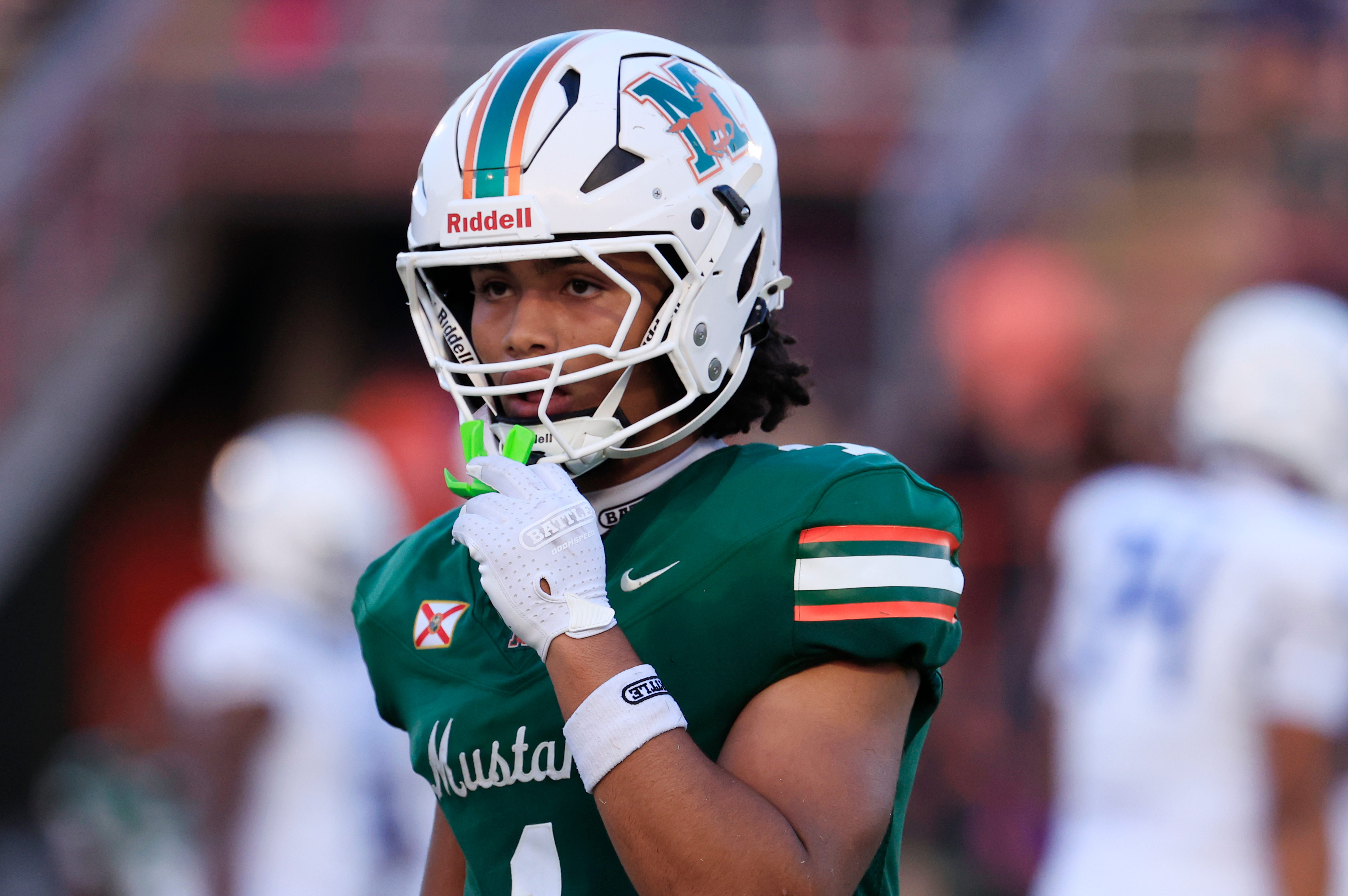 Mandarin's Brysen Wright (1) looks on during the second quarter of a high school football matchup at Mandarin High School, Friday, Sept. 19, 2025, in Jacksonville, Fla. The IMG Academy Ascenders defeated the Mandarin Mustangs 57-7.