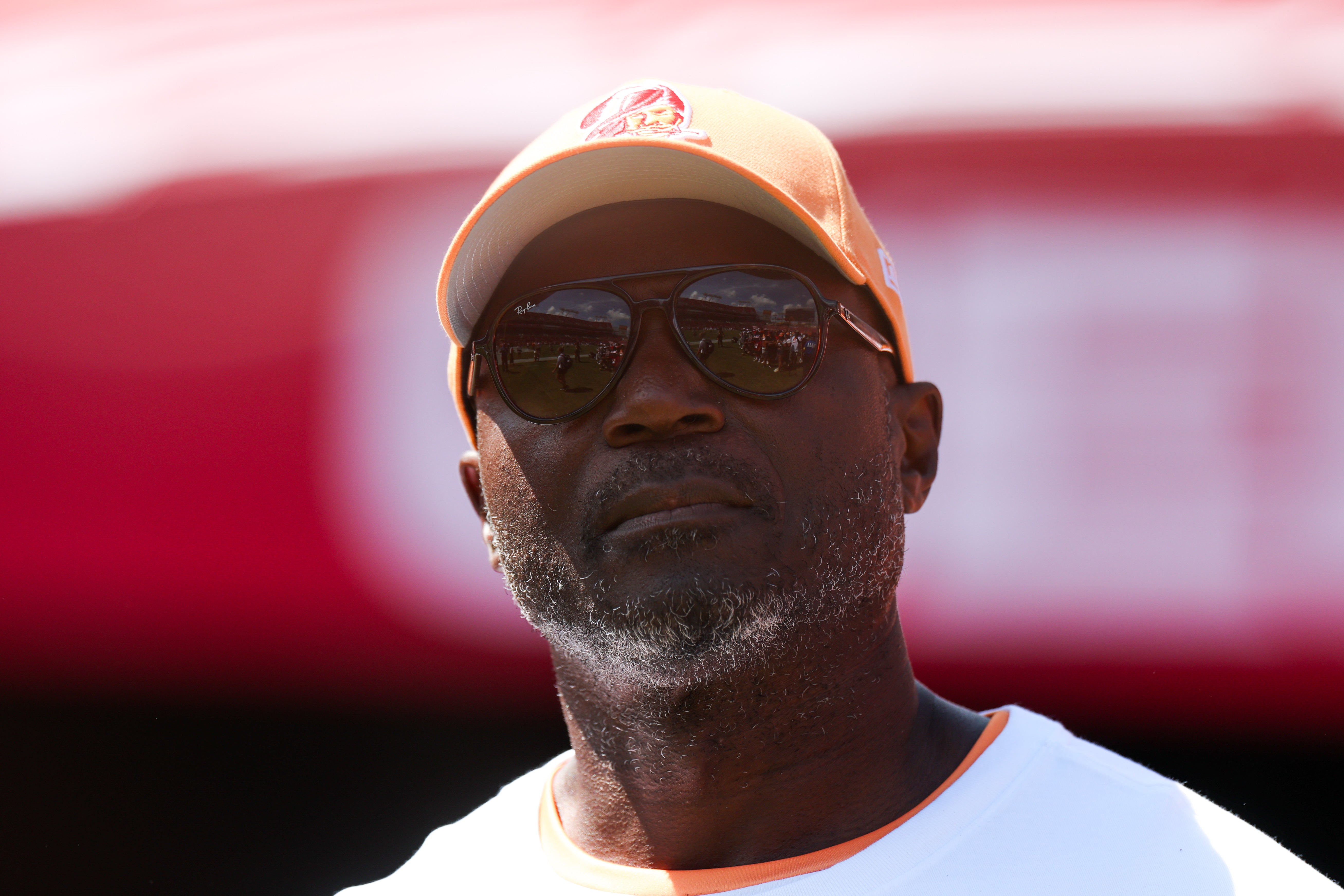 Sep 21, 2025; Tampa, Florida, USA; Tampa Bay Buccaneers head coach Todd Bowles looks on before a game against the New York Jets at Raymond James Stadium.