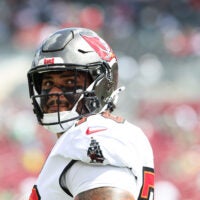 Sep 28, 2025; Tampa, Florida, USA; Tampa Bay Buccaneers offensive tackle Tristan Wirfs (78) looks on before the game against the Philadelphia Eagles at Raymond James Stadium.