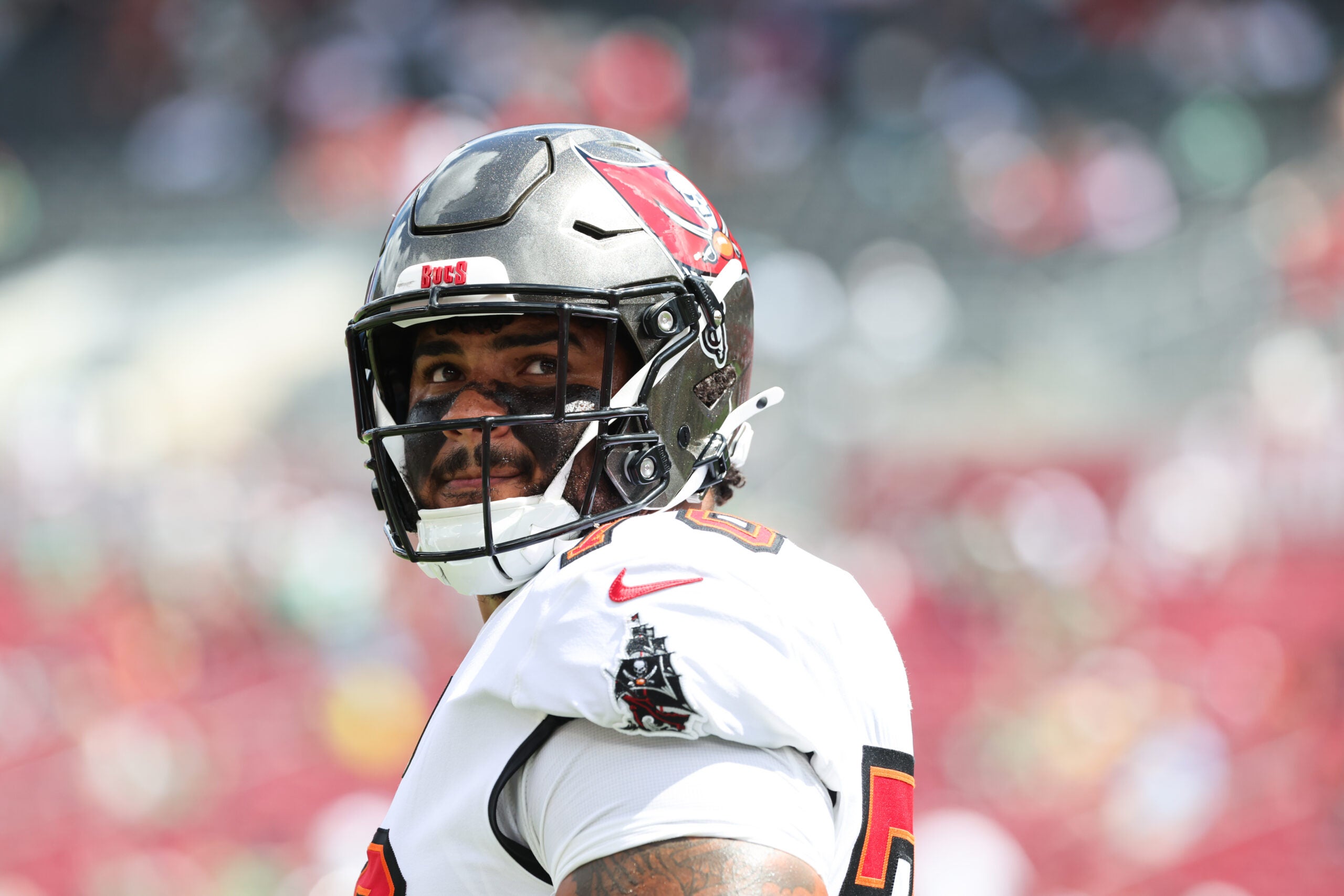Sep 28, 2025; Tampa, Florida, USA; Tampa Bay Buccaneers offensive tackle Tristan Wirfs (78) looks on before the game against the Philadelphia Eagles at Raymond James Stadium.