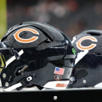 Sep 28, 2025; Paradise, Nevada, USA; A general view of Chicago Bears helmets before the start of the game against Las Vegas Raiders at Allegiant Stadium.