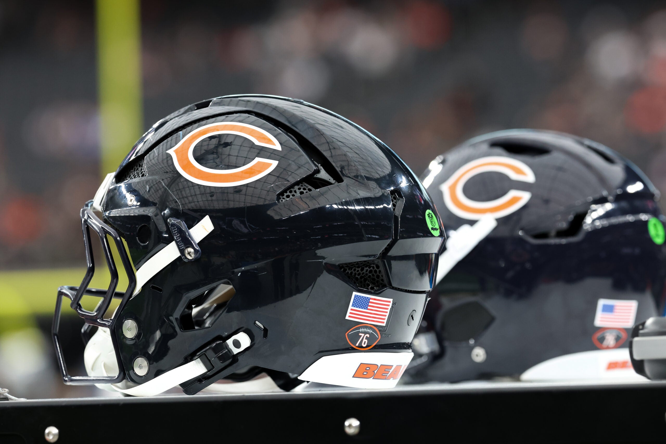 Sep 28, 2025; Paradise, Nevada, USA; A general view of Chicago Bears helmets before the start of the game against Las Vegas Raiders at Allegiant Stadium.