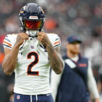 Sep 28, 2025; Paradise, Nevada, USA; Chicago Bears wide receiver DJ Moore (2) warms up prior to the game against the Las Vegas Raiders at Allegiant Stadium.