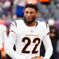 Sep 29, 2025; Denver, Colorado, USA; Cincinnati Bengals safety Geno Stone (22) looks on before the game against the Denver Broncos at Empower Field at Mile High.