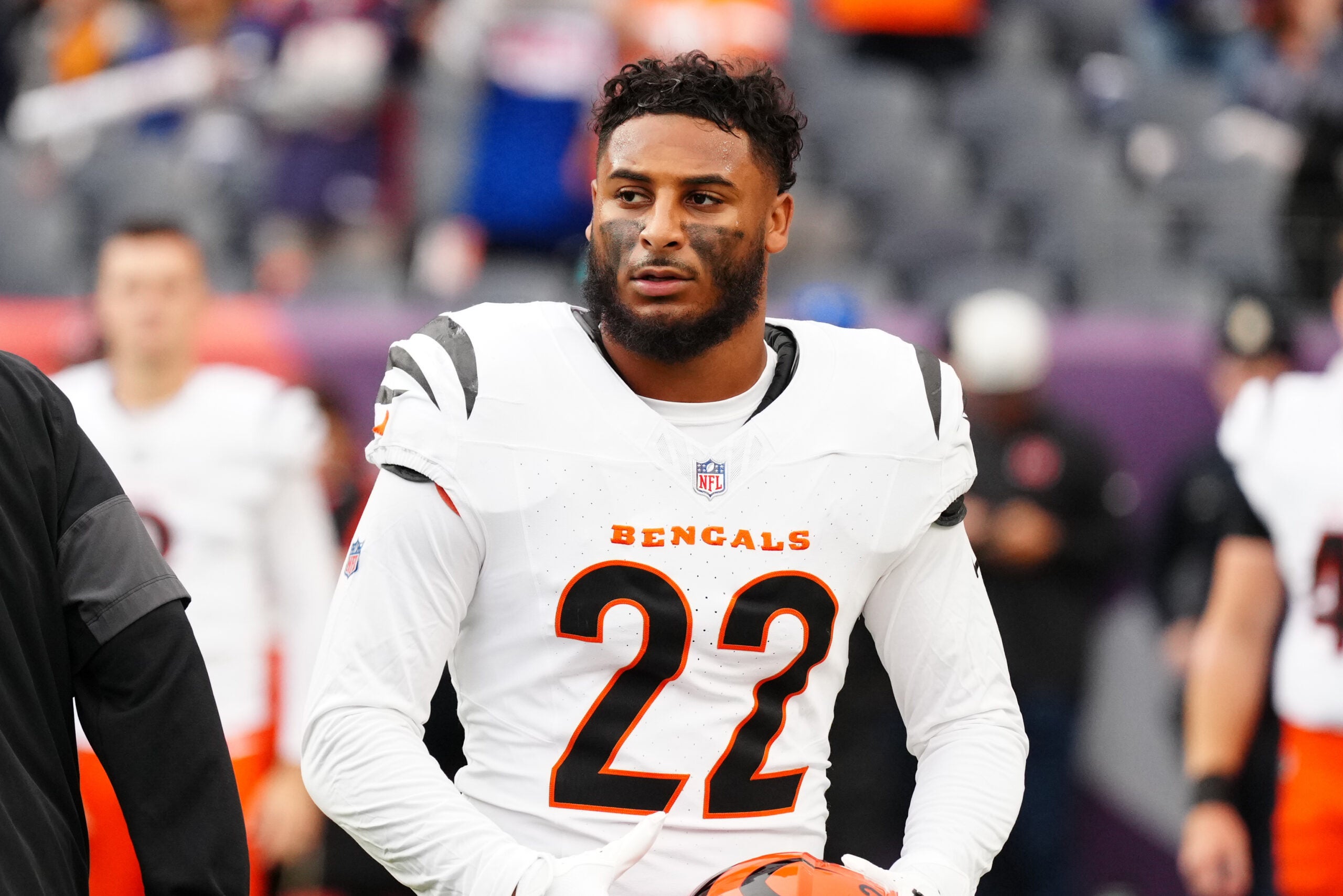Sep 29, 2025; Denver, Colorado, USA; Cincinnati Bengals safety Geno Stone (22) looks on before the game against the Denver Broncos at Empower Field at Mile High.
