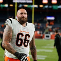 Sep 29, 2025; Denver, Colorado, USA; Cincinnati Bengals guard Dalton Risner (66) looks on after the game against the Denver Broncos at Empower Field at Mile High.