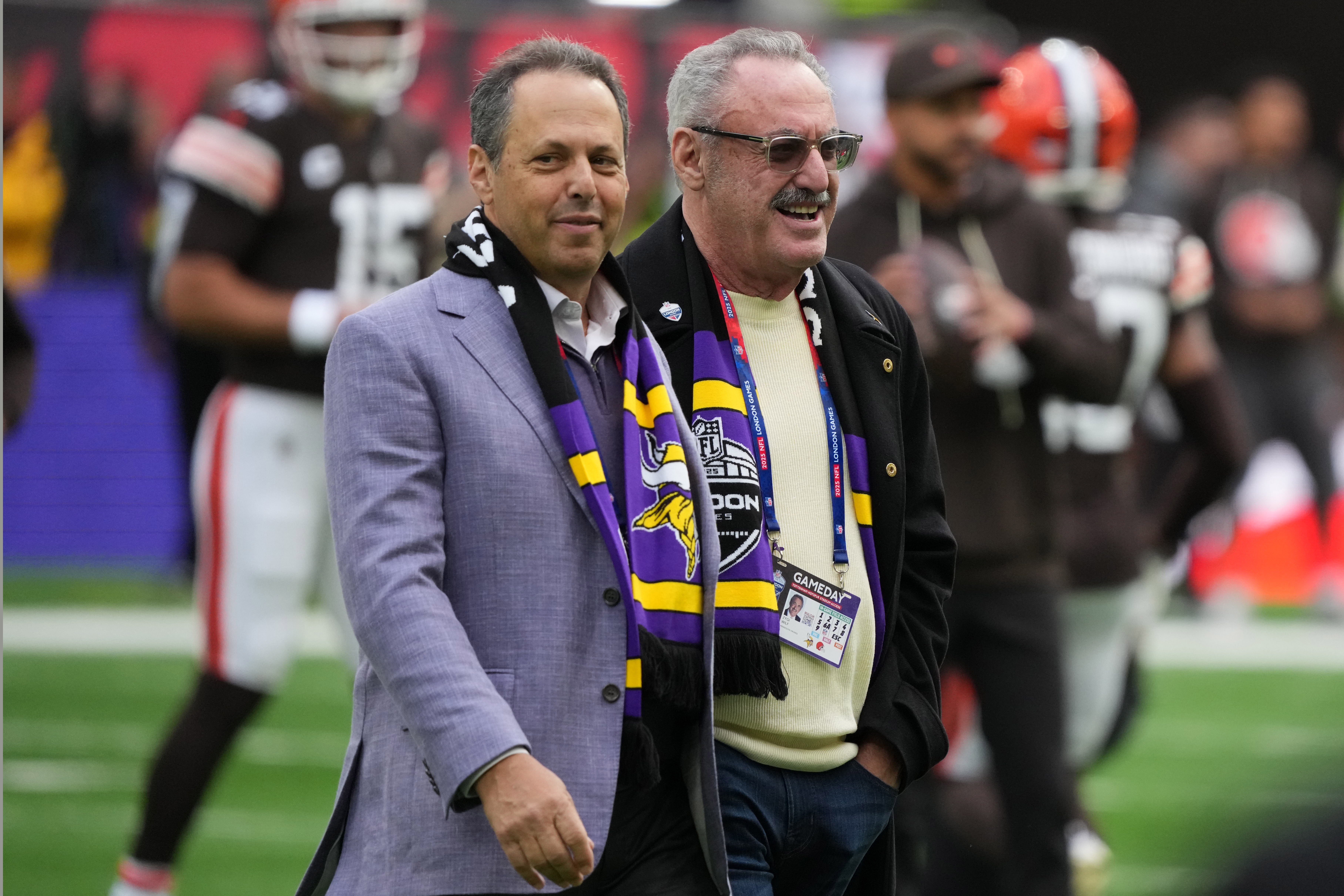 Oct 5, 2025; Tottenham, United Kingdom; Minnesota Vikings owners Mark Wilf (left) and Zygi Wilf during an NFL International Series game against the Cleveland Browns at Tottenham Hotspur Stadium.