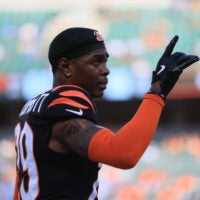 Oct 5, 2025; Cincinnati, Ohio, USA; Cincinnati Bengals cornerback Cam Taylor-Britt (29) waves to fans prior to a game against the Detroit Lions at Paycor Stadium.