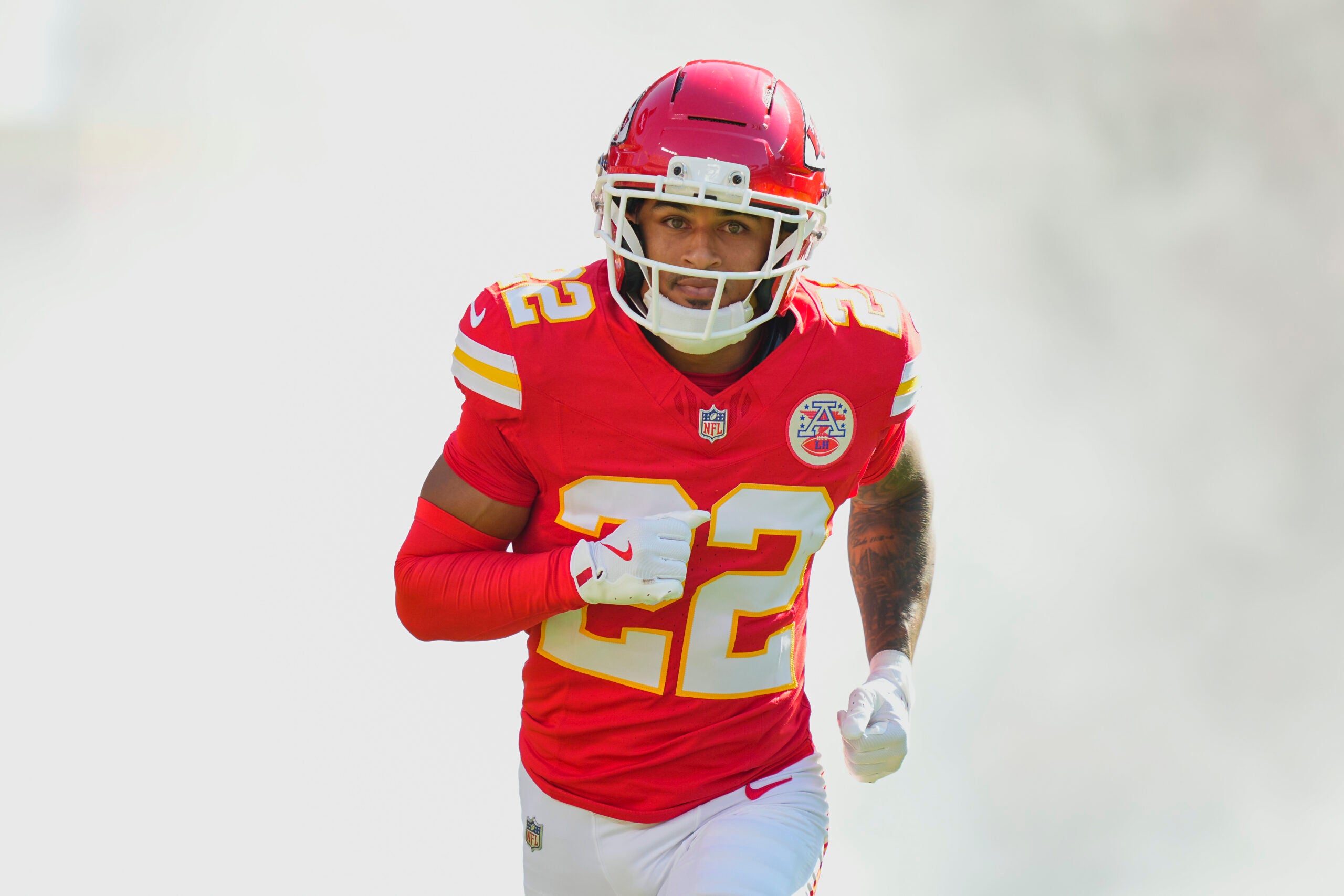 Sep 28, 2025; Kansas City, Missouri, USA; Kansas City Chiefs cornerback Trent McDuffie (22) takes the field prior to a game against the Baltimore Ravens at GEHA Field at Arrowhead Stadium.