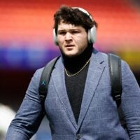 Oct 4, 2025; Gainesville, Florida, USA; Florida Gators offensive lineman Austin Barber (58) walks on the field during Gator Walk before a game against the Texas Longhorns at Ben Hill Griffin Stadium.