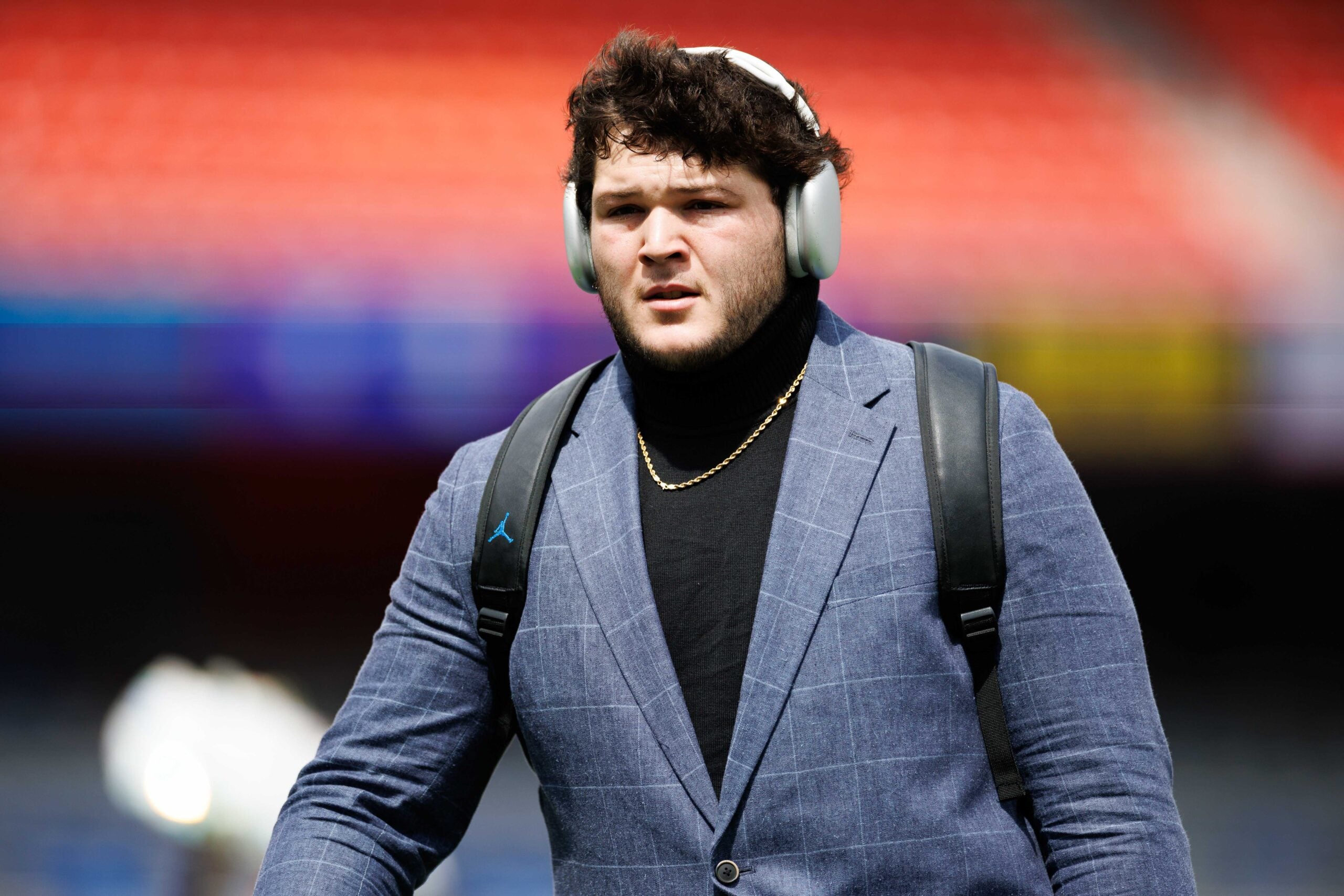Oct 4, 2025; Gainesville, Florida, USA; Florida Gators offensive lineman Austin Barber (58) walks on the field during Gator Walk before a game against the Texas Longhorns at Ben Hill Griffin Stadium.