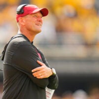 Oct 11, 2025; Columbia, Missouri, USA; Alabama Crimson Tide head coach Kalen Deboer reacts during the second half of the game against the Missouri Tigers at Faurot Field at Memorial Stadium.