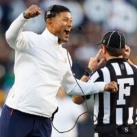 Notre Dame head coach Marcus Freeman celebrates after the defense scored a safety in the second half of a NCAA football game against NC State at Notre Dame Stadium on Saturday, Oct. 11, 2025, in South Bend.